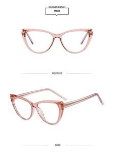 Viste frontale e laterale della montatura per occhiali cat-eye TR90 rosa anti luce blu