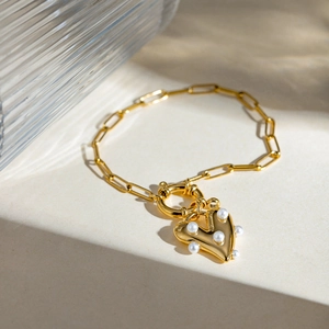 18k gold plated stainless steel rectangle link bracelet with pearl heart charm