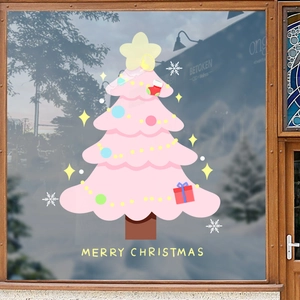 Pink Christmas tree window static sticker with snowflakes and Merry Christmas lettering