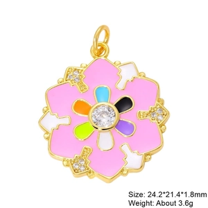 Golden flower pendant with pink enamel and white crystals, size 24.2*21.4mm charm