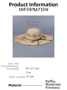 Detailed size specifications for the wide brim raffia sun hat with hollow weave patterns