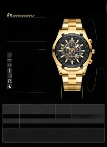 Detailed specs of men's waterproof quartz watch with gold steel strap and luminous dial