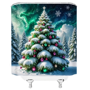 Detail eines 3D-Weihnachtsvorhangs mit Polarlicht-Druck, Schneebaum und Metallhaken