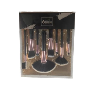 8pcs makeup brush set with rose gold ferrules and black handles in a PVC box