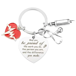 Medical theme stainless steel keychain with stethoscope, syringe and engraved heart pendant