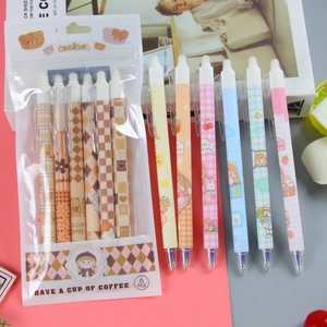 Retractable erasable gel pen set with 6 cute cartoon coffee theme illustrations