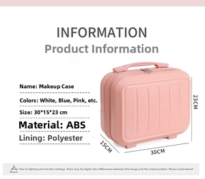 Dettagli valigetta trucco rosa da 14 pollici in ABS con dimensioni 30x15x23cm e materiali