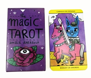 Detail of The Magic Tarot box with Knight of Swords card featuring blue cat illustration