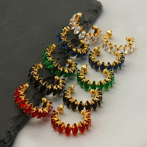Chic 18K gold plated stainless steel C-shaped hoop earrings with colorful zircon stones