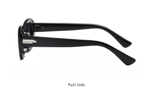 Side view of oval retro sunglasses with black frame and silver tiered metal hinge detail