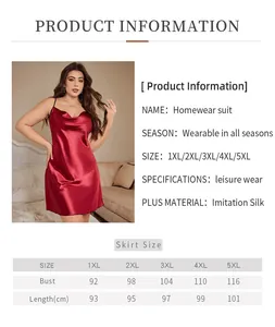 Detailed size chart for plus size satin nightdress with length and bust measurements