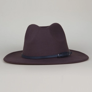 Close-up of retro wool felt fedora featuring a blue leather belt and metal buckle detail