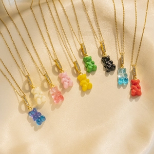 Gummy Bear Pendant Necklace Titanium Steel Chain Colorful Resin Cartoon Animal With Cubic Zirconia Jewelry For Women