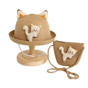 Ensemble chapeau de paille et sac bandoulière chat pour enfant protection solaire