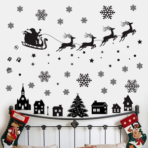 Christmas Wall Stickers Santa Reindeer Sleigh Silhouette Window Decals PVC Self Adhesive Removable Xmas Home Decor