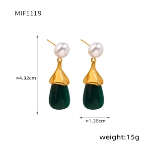 Detailed view showing dimensions of pearl and green resin drop earrings with 4.32cm length