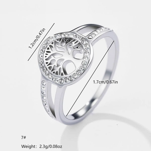 Detail view of Tree of Life ring with rhinestone inlay and size 7 measurements