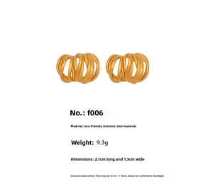Detail view of gold stainless steel C-shaped earrings with woven multi-layer lines