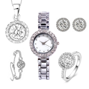 Luxury women's jewelry set in silver color with rhinestone watch, necklace and rings