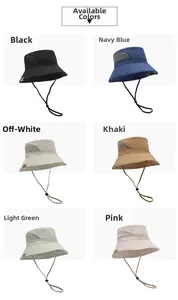 Detail view of quick-dry sun hats in six colors with mesh panels and adjustable drawstrings