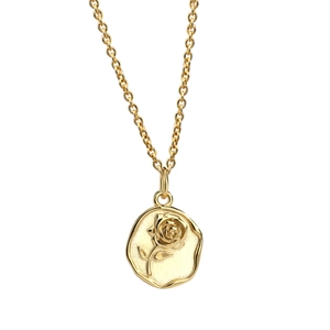 French style gold plated rose pendant necklace with embossed flower detail on 18k chain