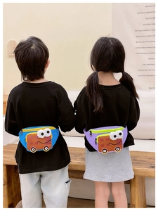 Rear view of kids using colorful cartoon bus crossbody bags during outdoor activities