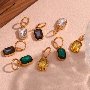 Detail of 18K gold-plated earrings with rectangular multicolor zircon stones