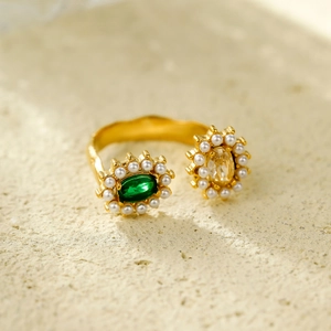 Adjustable gold titanium steel double-layer ring with green zircon and pearls