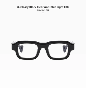 Detail view of square black frame sunglasses model C08 with clear anti-blue light lenses