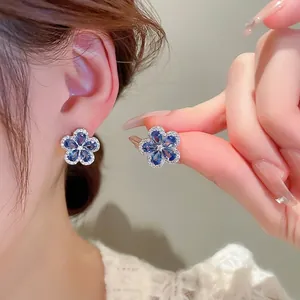 S925 silver blue flower stud earrings with zirconia petals and micro-pave crystals