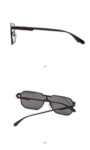 Seiten- und Rückansicht der Metall-Sonnenbrille mit grauen Gläsern und roten Streifen