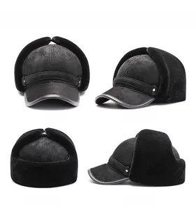 Detail view showing four angles of a black faux suede winter trapper hat with ear flaps