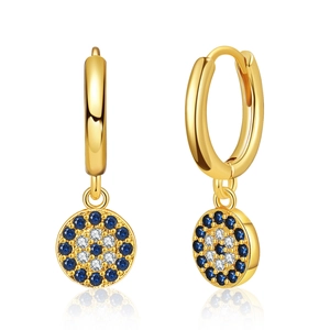 Detailed macro view of 18K gold plated hoop earrings with evil eye zircon charms