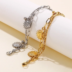 Double-layered titanium steel bracelet with sun pendant in gold and silver finish