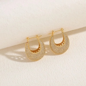 Detailed close-up of 14K gold plated hoop earrings with micro-set zircon stones