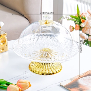 Detail showing dimensions of European gold fruit tray with a transparent flower lid