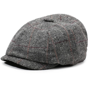 Retro grey herringbone newsboy cap with red windowpane check pattern for men and women
