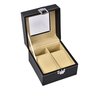 Black leather watch box with 2 slots, clear top window and soft beige velvet cushions