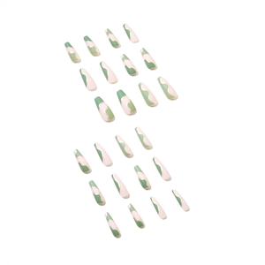 French style long coffin press-on nails with green and pink wavy pattern design