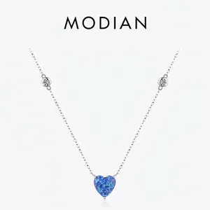 925 Sterling Silver Heart Blue Opal Necklace With Cubic Zirconia Elegant Pendant Jewelry Gift For Women
