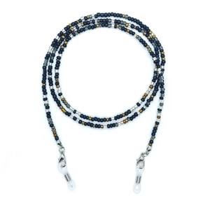 Macro detail of a colorful beaded glasses chain with silver lobster clasps and silicone loops