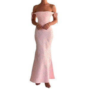 Pink off-shoulder evening dress with floral jacquard texture and mermaid hemline