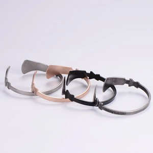 Minimalist irregular geometric open cuff bracelets in silver, gold, black, and antique silver