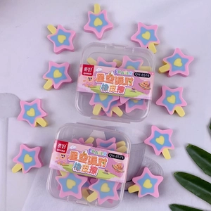 Detailed view of colorful star-shaped erasers in clear box packaging with handles