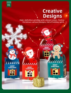 Three colorful house-shaped Christmas gift boxes with Santa and Snowman cartoon toppers