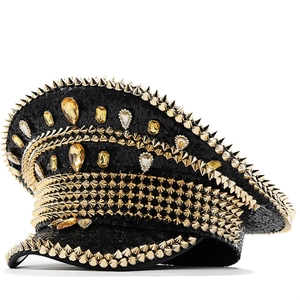 Sequin Rhinestone Captain Hat With Gold Spike Studs Festival Rave Performance Military Cap