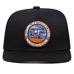 Black flat brim hip hop cap with embroidered Olympic National Park mountain goat patch