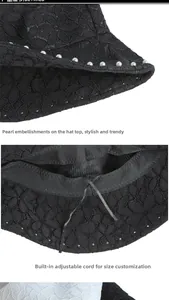 Detail showing breathable black lace texture and white pearl trim on summer sun hat