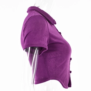 Side view of purple cropped polo cardigan showing double-layered ribbed fabric texture