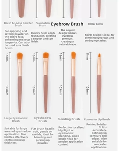 Detailed view of 8 professional makeup brushes with Morandi pink handles and gold ferrules